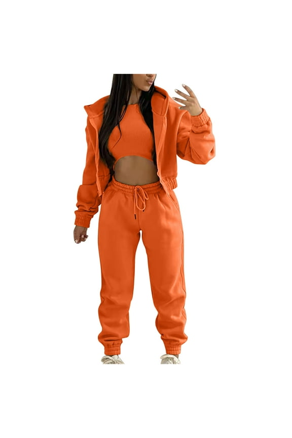 3 PC Sweatsuits for Women Set Cropped Hoodies Sweatshirts Fleece Lined Vest Drawstring Sweatpants Warm Winter Active Outfit 2025 Orange M