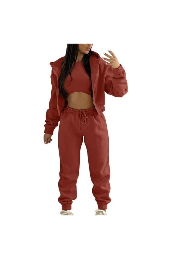3 PC Sweatsuits for Women Set Cropped Hoodies Sweatshirts Fleece Lined Vest Drawstring Sweatpants Warm Winter Active Outfit 2025 Wine S