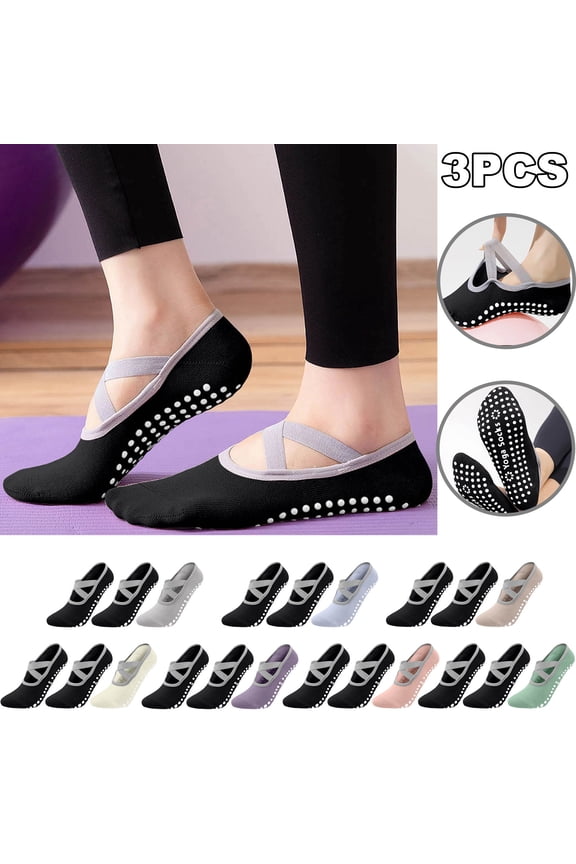 3 Pairs Pilates Socks with Grips for Women Cute Short Yoga Socks for Dance Workout Athletic Fitness Cozy Moisture Barre Socks Gray Free Size