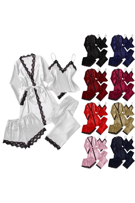 4 PC Satin Pajamas for Women Set Plus Size Lace Trim Long Sleeve Robes and Loose Shorts Sexy Strap Vest Elastic Long Pants Cozy Pjs Sets Black 3XL