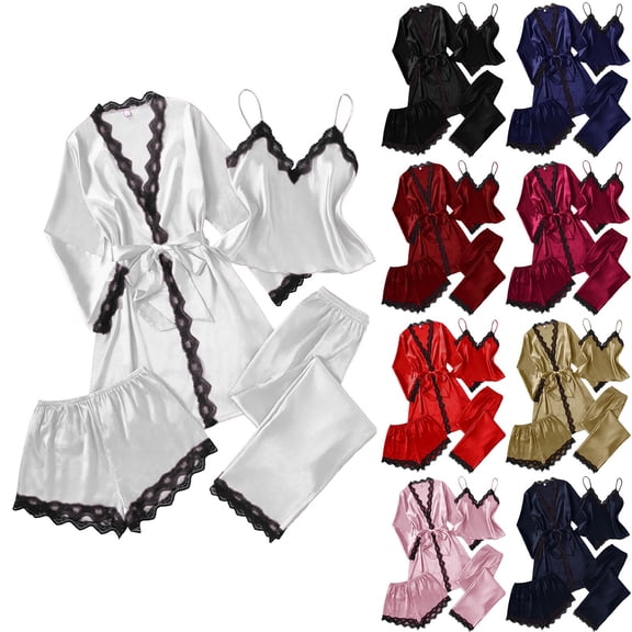 Oksale 4 PC Satin Pajamas for Women Set Plus Size Lace Trim Long Sleeve Robes and Loose Shorts Sexy Strap Vest Elastic Long Pants Cozy Pjs Sets Black S