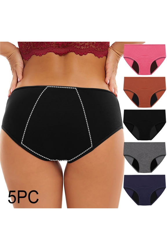 5 PC Plus Size Period Underwear for Women Midi Waisted Leakproof Panty Brief Heavy Flow Ladies Panties Underpants Multicolor M