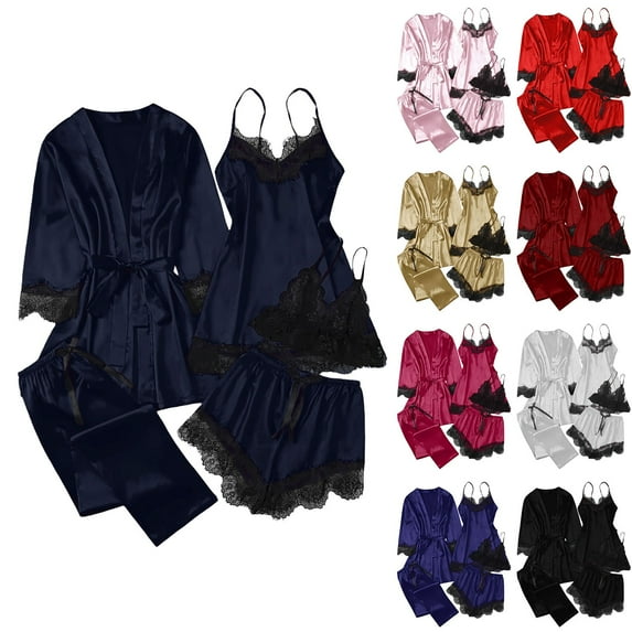 Oksale 5 PC Women Satin Pajamas Set Plus Size Lace Trim Long Sleeve Robes Elastic Long Pants and Shorts Sexy Strap Vest Cozy Breathable Sleepwear Black M