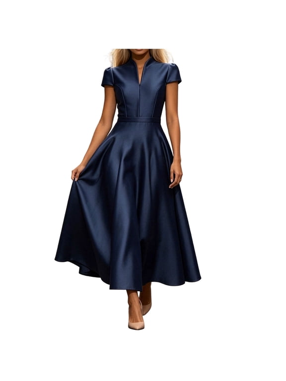A Line Dresses for Women Wedding Guest Flowy Satin Dress Elegant Formal Short Sleeve V Neck Midi Dresses for Evening Party Navy M