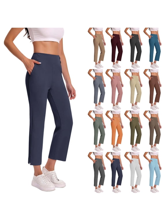 Ankle Pants for Women Stretch High Waist Yoga Pants with Pockets Trendy Side Slit Plus Size Trousers for Fitness Black L