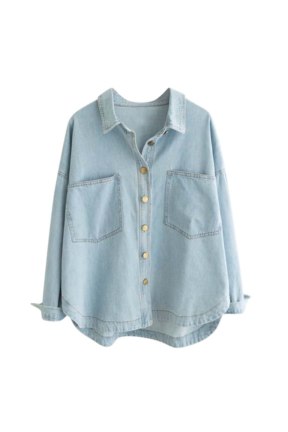 Asymmetrical Hem Denim Jacket for Women Trendy Button Shacket Jackets with Pockets Casual Lapel Jean Jacket Vintage Regular Fit Denim Shirt 2025 Light Blue XXL