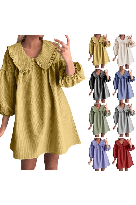 Babydoll Dresses for Women 2025 Laple Doll Collar Mini Dress Cute Loose 3/4 Puff Sleeve Casual Dresses Solid Color Fashion Outfits Yellow S