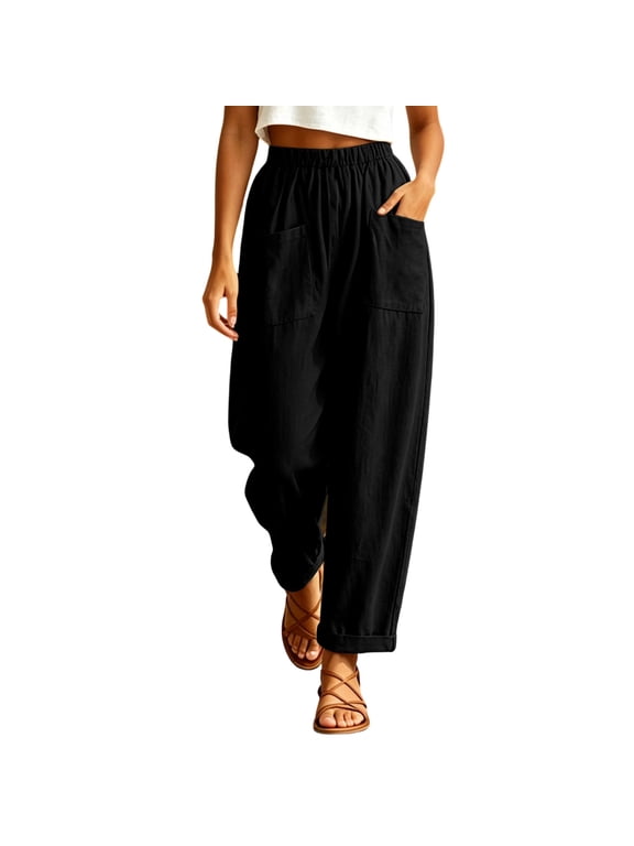 Barrel Pants Women Petite Trendy Cuffed Hem Elastic Waisted Summer Pants Casual Loose Wide Leg Pants with Patch Pockets 2026 Black XL