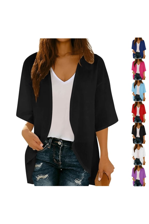 Beach Cover Ups for Women Casual Short Sleeve Summer Cardigan Soft Cozy Open Front Swim Cover Up Blue L