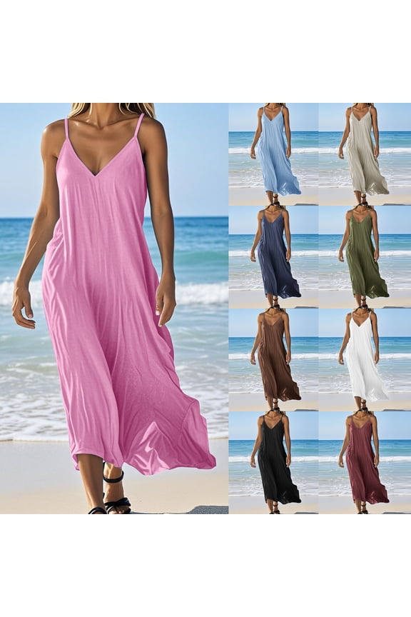 Beachy Midi Dresses for Women Flowy Casual Adjustable Spaghetti Strap Dress Trendy V Neck Sundresses Cotton Linen Summer Dress for Holiday Wine S