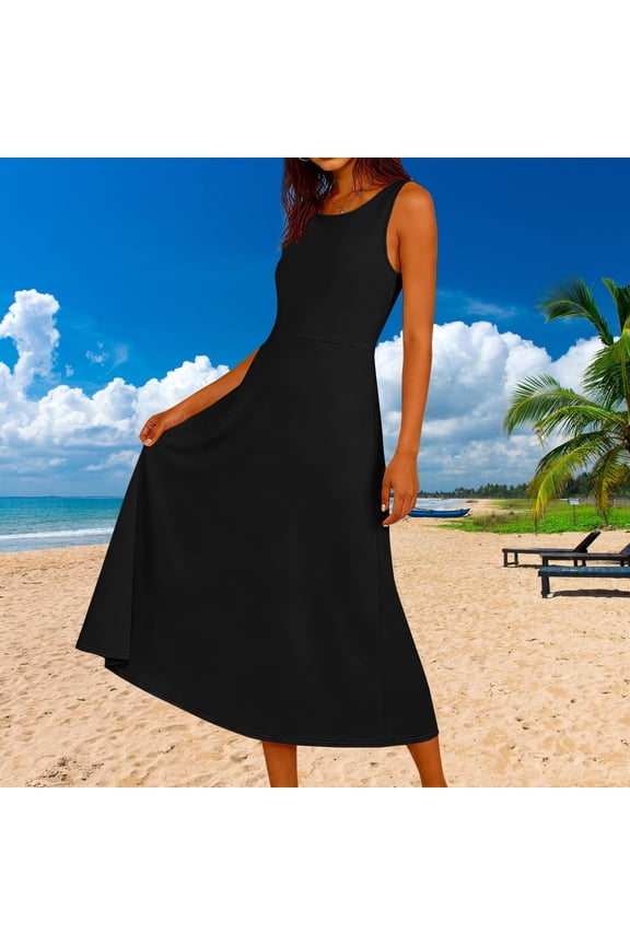Beachy Sundresses for Women Flowy A Line Sleeveless Tank Summer Dresses Casual Crew Neck Midi Dress Beach Vacation Clothes Black S