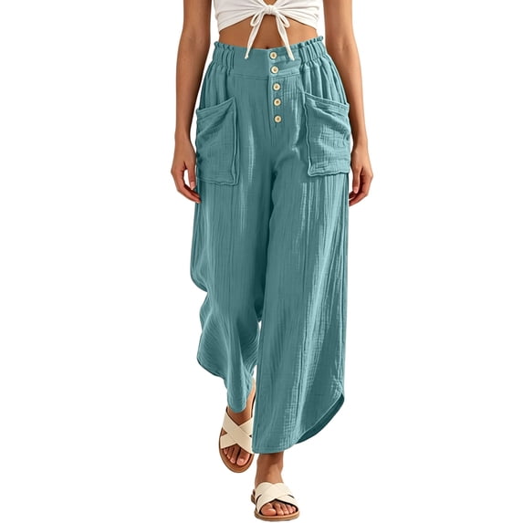 Oksale Boho Pants for Women Petite Pull On Cozy Cotton Pants with Pockets Elastic High Waist Summer Casual Pants Loose Wide Leg Trousers Mint Green 2XL