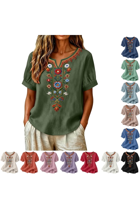 Boho Shirts for Women Cozy Short Sleeve Summer Tops Lightweight Casual Emebroidery Notch Neck Cotton Tshirts Mint Green S