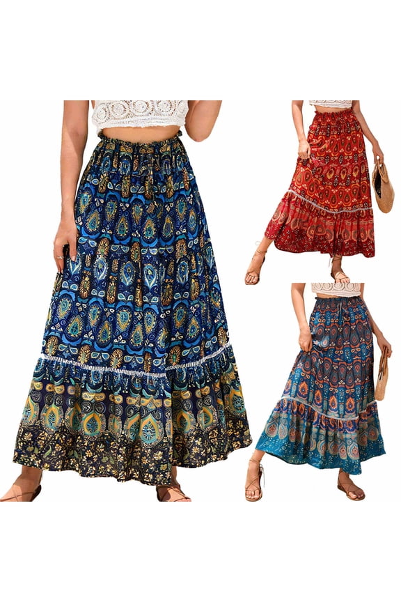 Boho Skirts for Women Vintage Floral Elastic High Waisted A Line Skirts Vacation Holiday Skirt 2026 Dark Blue S