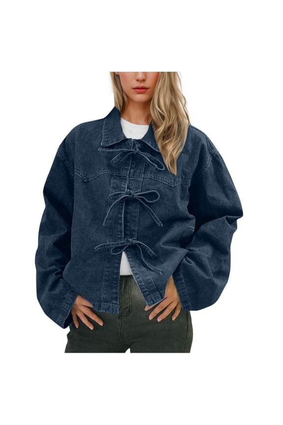 Bow Tie Jean Jacket for Women Casual Lapel Long Sleeve Denim Jackets with Pockets Vintage Jacket Shacket Fall Coat Blue M