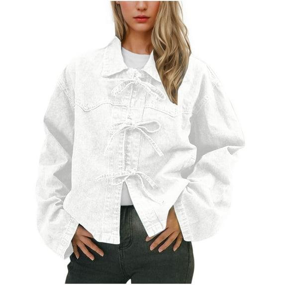 Oksale Bow Tie Jean Jacket for Women Casual Lapel Long Sleeve Denim Jackets with Pockets Vintage Jacket Shacket Fall Coat White XL