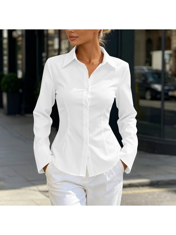 Button Down Blouses for Women Slim Fitted Long Sleeve Shirts Business Casual Blouse Tops Officewear White XL