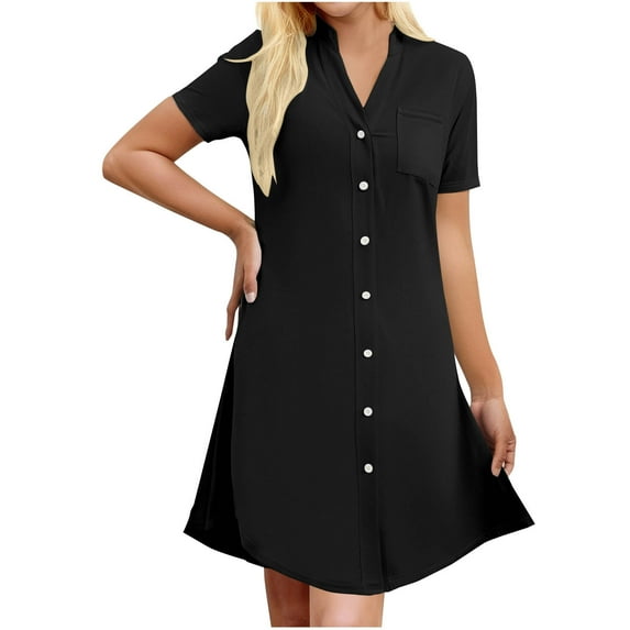 Oksale Button Down Night Gown for Women Trendy Pleated Back Mini Pajama Dress Short Sleeve Sleep Shirt Soft Sexy Split Sleepwear Black M