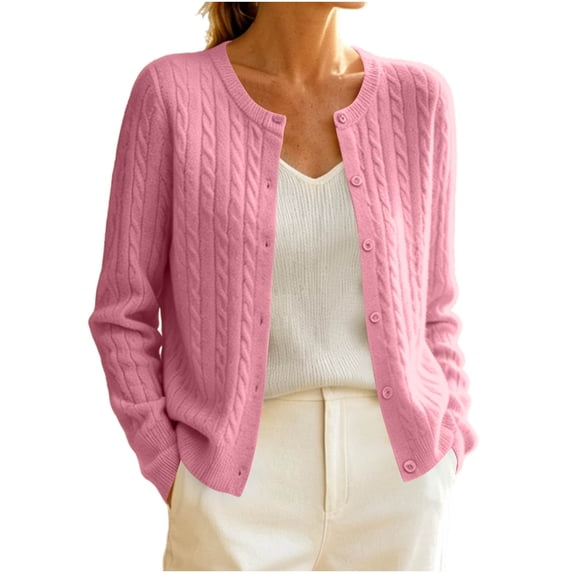Oksale Cable Knit Cardigans for Women Soft Comfortable Long Sleeve Cardigan Sweaters Lighweight Open In Front Thin Fall Clothes Pink M