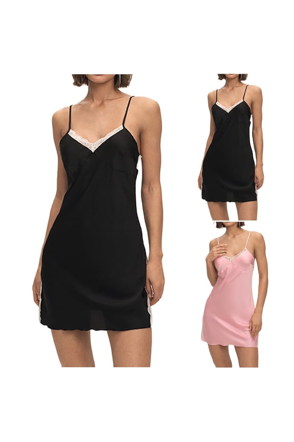 Camisole Nightgown for Women Trendy Lightweight Lace V Neck Mini Slip Dress Casual Low Back Adjustable Strap Nightwear for Evening Pink M