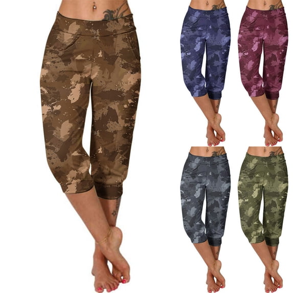 Oksale Camo Capris for Women Stretchy Low Rise Yoga Capri Pants Slim Straight Leg Cropped Trousers for Workout Dark Gray L