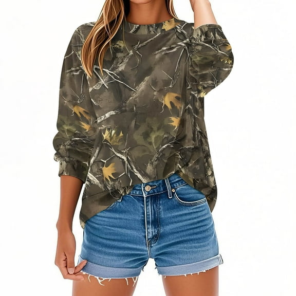 Oksale Camo Crewneck Sweatshirts for Women Vintage Graphic Plus Size Shirts Loose Long Sleeve Fall Pullover Soft Comfy Winter Tops Gray S