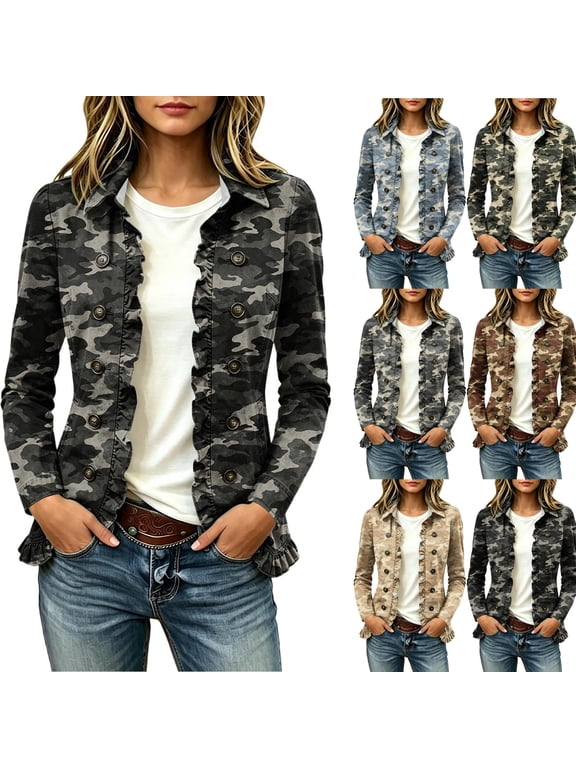 Camo Jacket for Women Chino Vintage Open Front Lapel Jackets Ruffle Trim Double Breasted Outwear Casual Long Sleeve Coats Red M