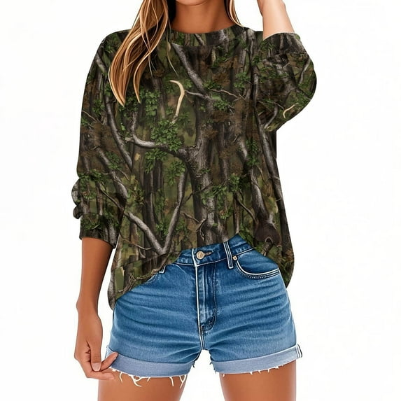 Oksale Camo Winter Sweatshirt for Women Vintage Leaves Printing Sweatshirts Casual Crew Neck Shirts Cozy Long Sleeve Y2K Tops for Outside Gray XXL