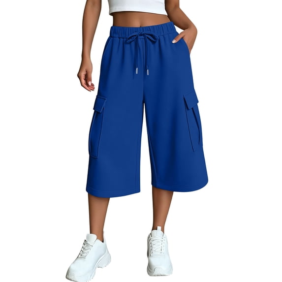 Oksale Capri Cargo Pants Womens Wide Leg Capris with Pockets Casual Elastic Drawstring Waist Cropped Trousers Loose Comfy Summer Clothing Blue S