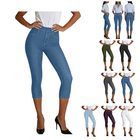 Oksale Capri Jeans for Women Plus Size Stretch Denim Pants Casual Slim Yoga Leggings Fitness Workout Summer Trousers with Pockets Blue M