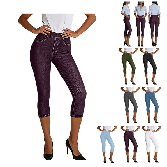 Oksale Capri Jeans for Women Plus Size Stretch Denim Pants Casual Slim Yoga Leggings Fitness Workout Summer Trousers with Pockets Wine XL