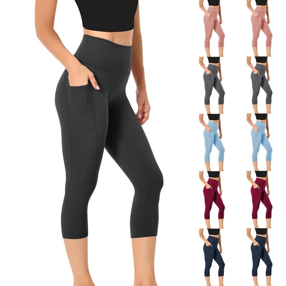 Oksale Capri Leggings for Women Tummy Control Yoga Pants with Pockets Capris Stretch High Waisted Workout Trousers 2026 Dark Gray XS