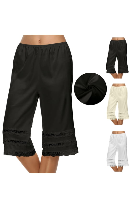 Capri Pajama Pants Women Silk Satin Pj Pants Lace Trim Sleep Pants Casual Cozy Soft Lightweight Lounge Pants 2025 Black XL