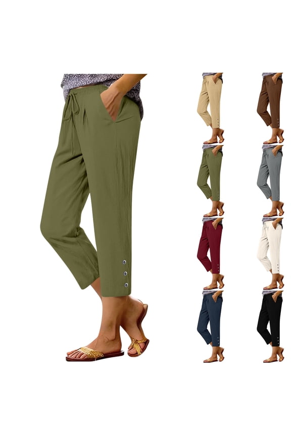 Capri Pants for Women Linen Cotton Summer Casual Tapered Capris with Pockets Elastic Waisted Drawstring Pleated Trousers 2026 Khaki L
