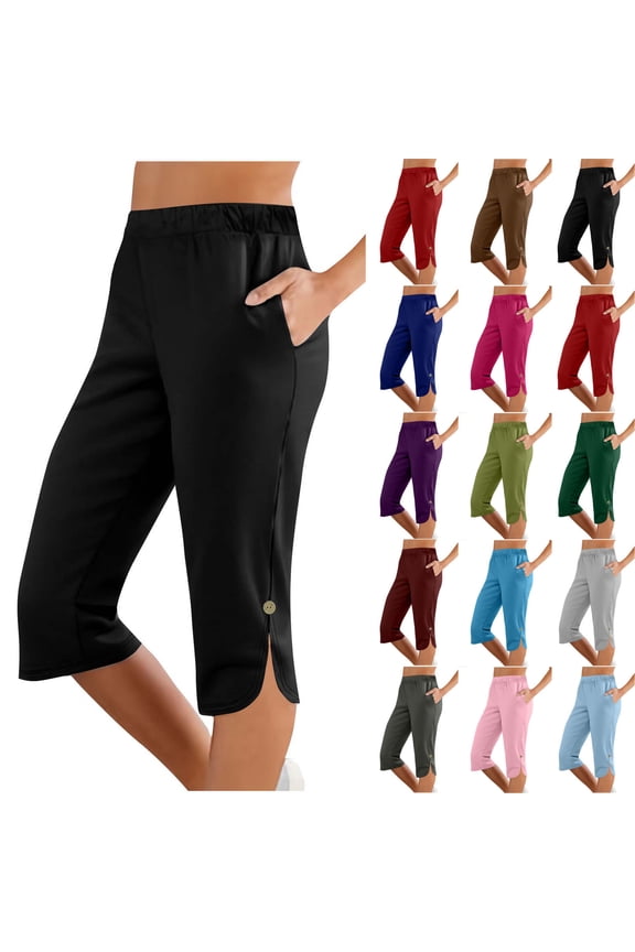 Capri Pants for Women Petite Elastic Waist Yoga Pants Casual Cozy Cropped Trousers with Pockets Workout Running Joggers Capris Black XL