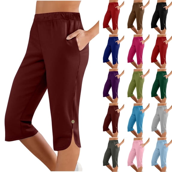 Oksale Capri Pants for Women Loose Elastic Waist Capris Casual Cozy Cropped Trousers with Pockets Side Slit Vacation Clothing Wine M