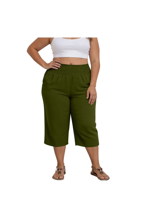 Capri Pants for Women Plus Size Stretch High Waisted Smocked Capris with Pockets Loose Lightweight Straight Leg Cropped Trousers Army Green L