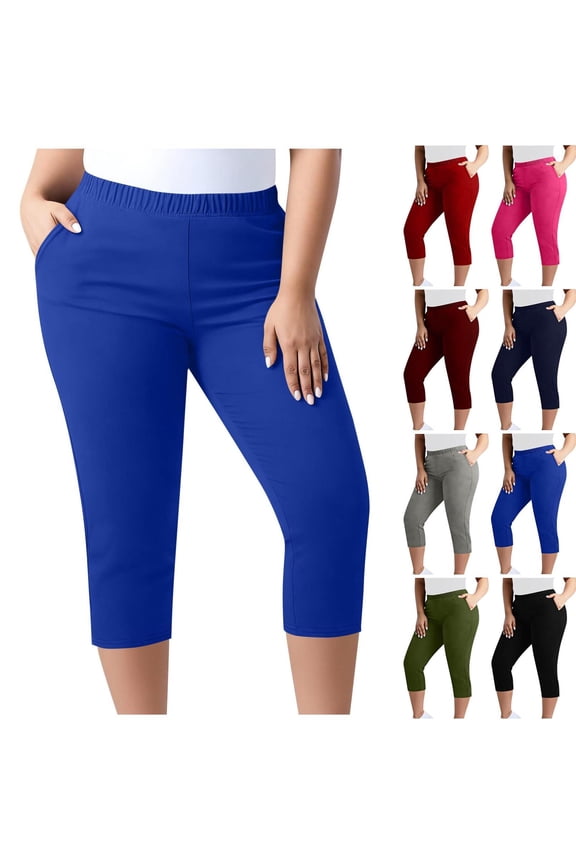 Capri Pants for Women Plus Size Stretch Yoga Pants with Pockets Slim Soft Cotton Tights Mositure Wicking Workout Leggings Blue 3XL