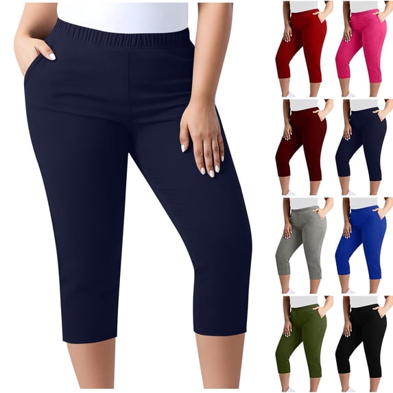 Oksale Capri Pants for Women Plus Size Stretch Pull On Capris with Pockets Slim Soft Cotton Tights Casual Cozy Leggings Dark Blue 5XL