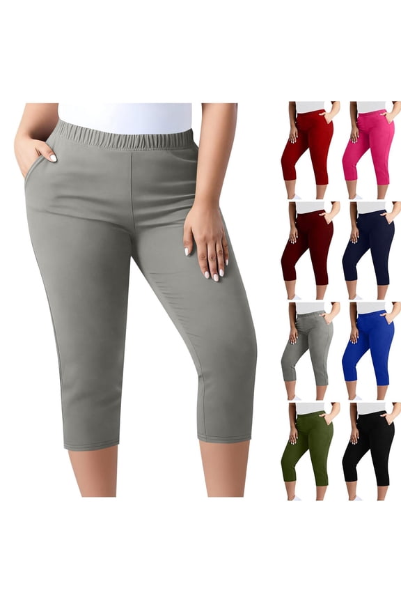 Capri Pants for Women Plus Size Stretch Yoga Pants with Pockets Slim Soft Cotton Tights Mositure Wicking Workout Leggings Gray 3XL