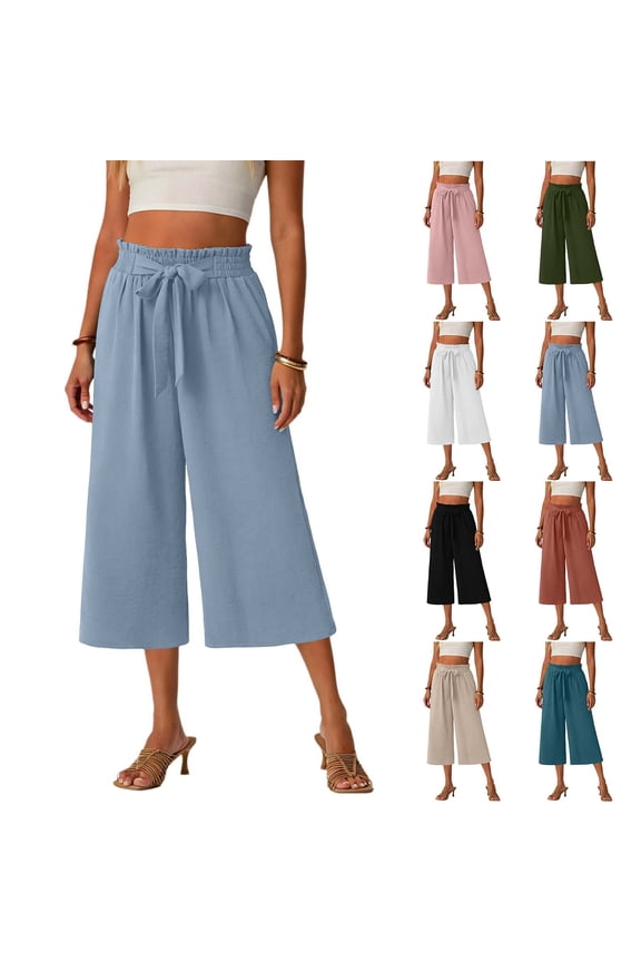 Capri Wide Leg Pants for Women Petite Loose Comfy Tie Front Linen Pants with Pockets Elastic Waisted Capris for Holiday Pink M