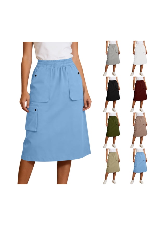Cargo Skirts for Women Trendy Elastic Waisted Midi Skirt with Pockets Casual Cozy Summer Skirts Gray S