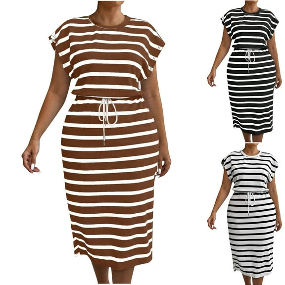 Oksale Casual Dresses for Women Plus Size Striped Print Batwing Short Sleeve Summer Dress with Belted Crewneck Midi Dresses for Holiday Brown XXXXXL