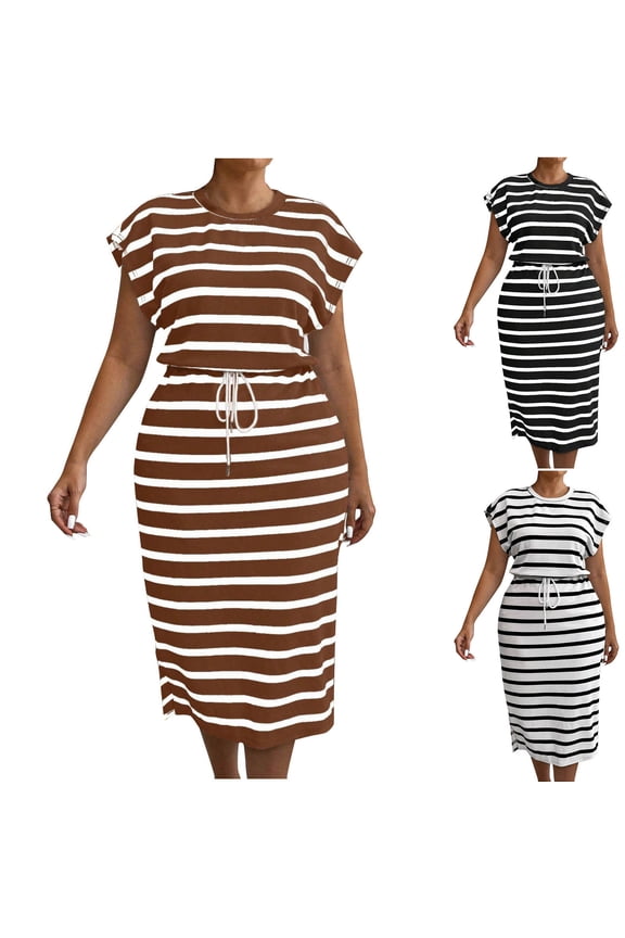 Casual Dresses for Women Plus Size Striped Print Batwing Short Sleeve Summer Dress with Belted Crewneck Midi Dresses for Holiday White XXL