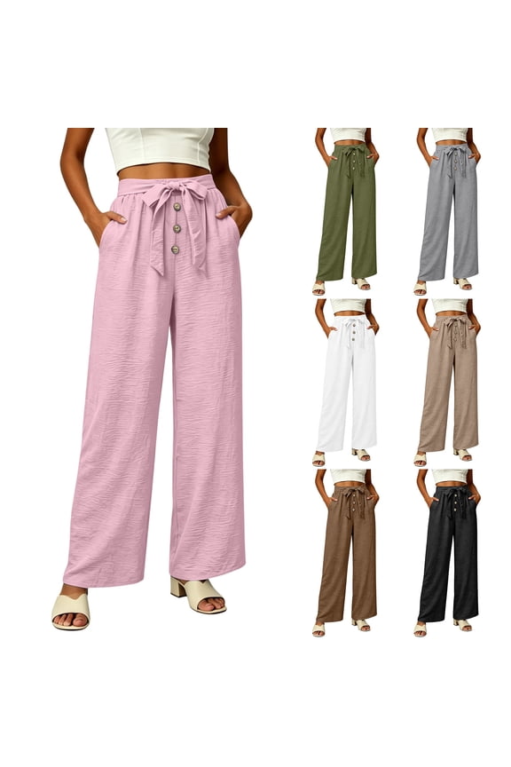 Casual Linen Pants Women Cozy Loose Straight Leg Pants with Belt Pull On Stretch High Waist Petite Summer Pants Brown M
