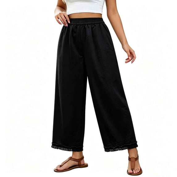 Oksale Casual Pants for Women Petite Trendy Lace Hem Summer Pants with Pockets Plus Size Elastic Waist Ankle Pants for Vacation Black 2XL