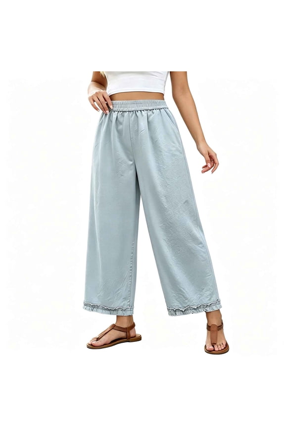 Casual Pants for Women Petite Trendy Lace Hem Summer Pants with Pockets Plus Size Elastic Waist Ankle Pants for Vacation Light Blue 3XL