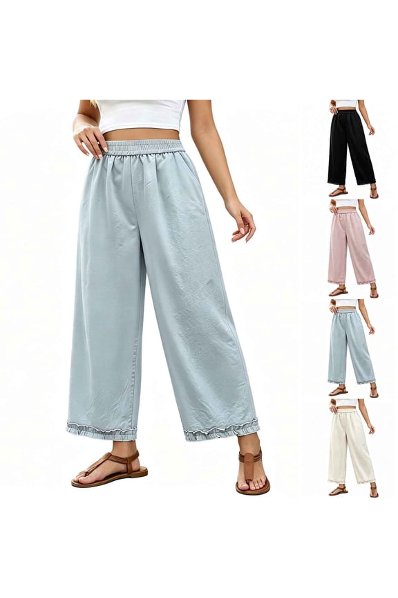 Casual Pants for Women Petite Trendy Lace Hem Summer Pants with Pockets Plus Size Elastic Waist Ankle Pants for Vacation Pink M