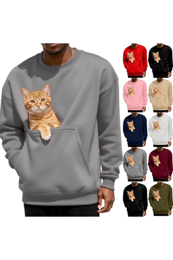 Cat Pouch Fleece Sweatshirts for Men Women Casual Pet Carrier Kangaroo Pouch Pullover Cozy Long Sleeve Winter Sweater Soft Warm Tops Gray L