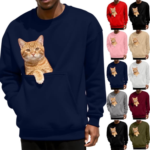 Oksale Cat Pouch Fleece Sweatshirts for Men Women Casual Pet Carrier Kangaroo Pouch Pullover Cozy Long Sleeve Winter Sweater Soft Warm Tops Navy XXL
